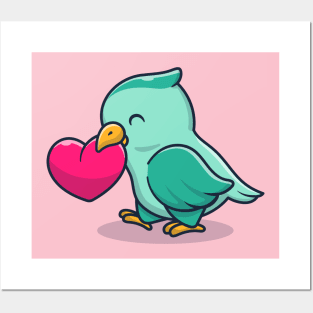 Cute Bird With Love Heart Cartoon Posters and Art